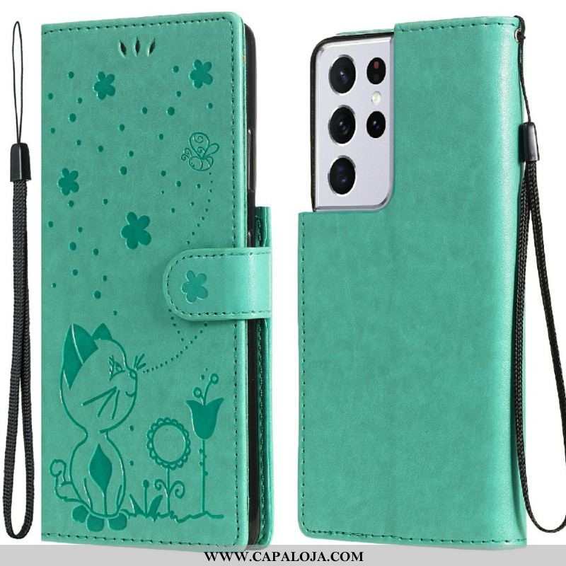 Capa Flip Para Samsung Galaxy S21 Ultra 5G De Cordão Gato E Abelha Com Cordão