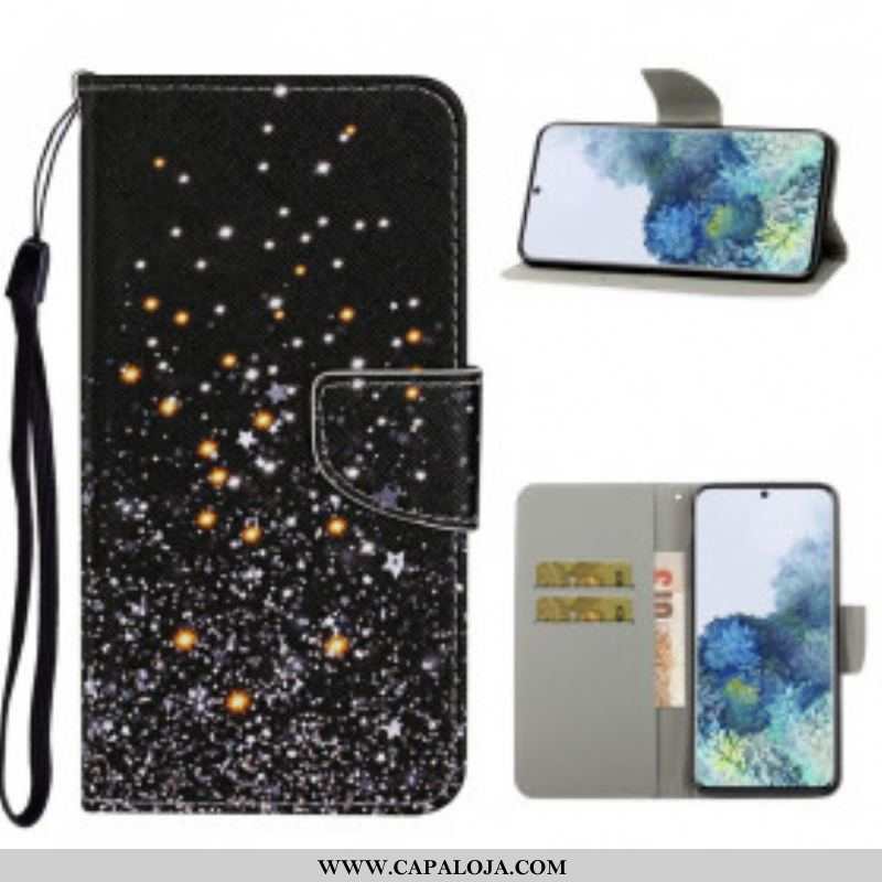 Capa Flip Para Samsung Galaxy S21 Ultra 5G Estrelas E Lantejoulas Com Cordão