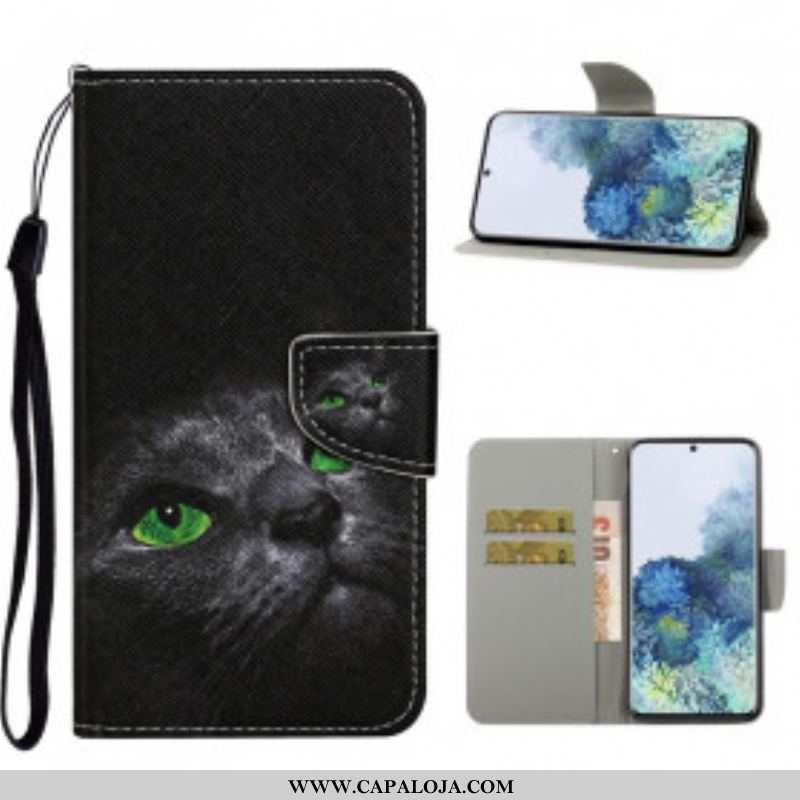 Capa Flip Para Samsung Galaxy S21 Ultra 5G Gato De Olhos Verdes Com Cordão