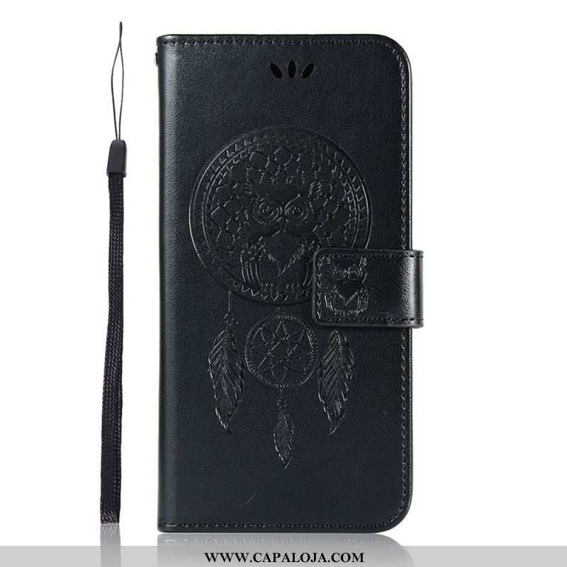 Capa Flip Para Samsung Galaxy S22 5G Coruja Apanhador De Sonhos Efeito Couro