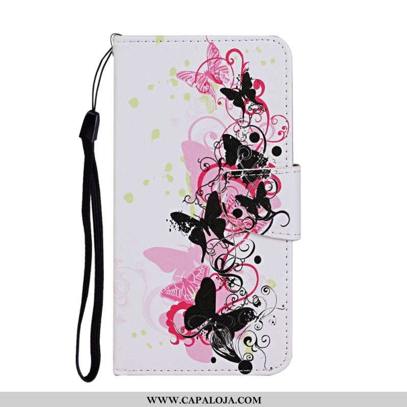 Capa Flip Para Samsung Galaxy S22 Plus 5G Borboletas E Cordão