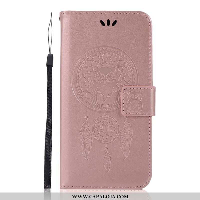 Capa Flip Para Samsung Galaxy S22 Plus 5G Coruja Apanhador De Sonhos Efeito Couro