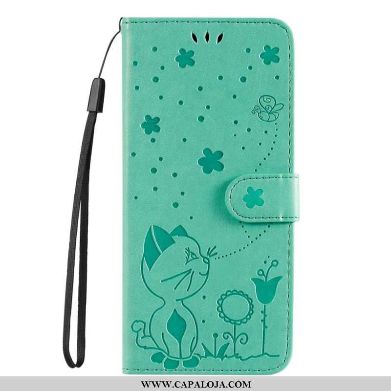 Capa Flip Para Samsung Galaxy S22 Plus 5G De Cordão Gato E Abelha Com Cordão