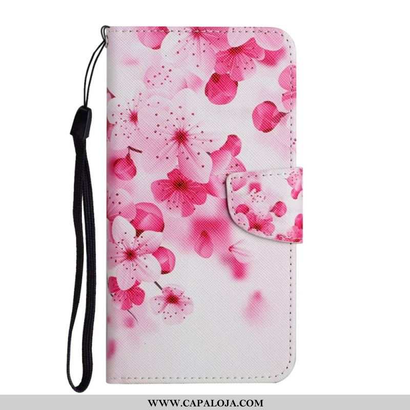 Capa Flip Para Samsung Galaxy S22 Plus 5G De Cordão Ramo Florido Com Alça