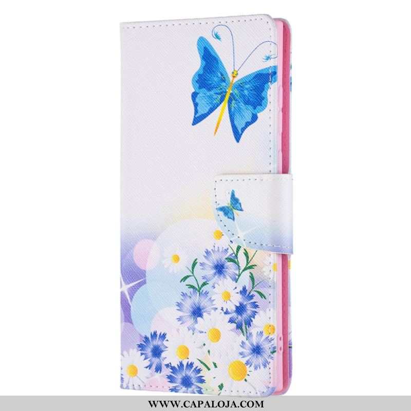 Capa Flip Para Samsung Galaxy S22 Ultra 5G Borboletas E Flores Pintadas