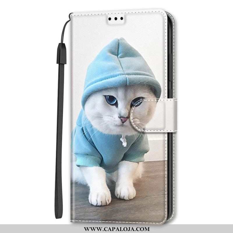 Capa Flip Para Samsung Galaxy S22 Ultra 5G De Cordão Ventilador De Gato Tanga