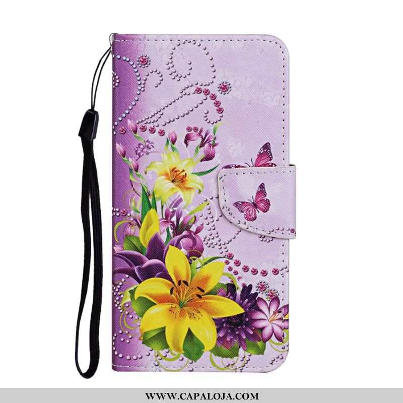 Capa Flip Para Samsung Galaxy S22 Ultra 5G Flores Magistrais Com Alça