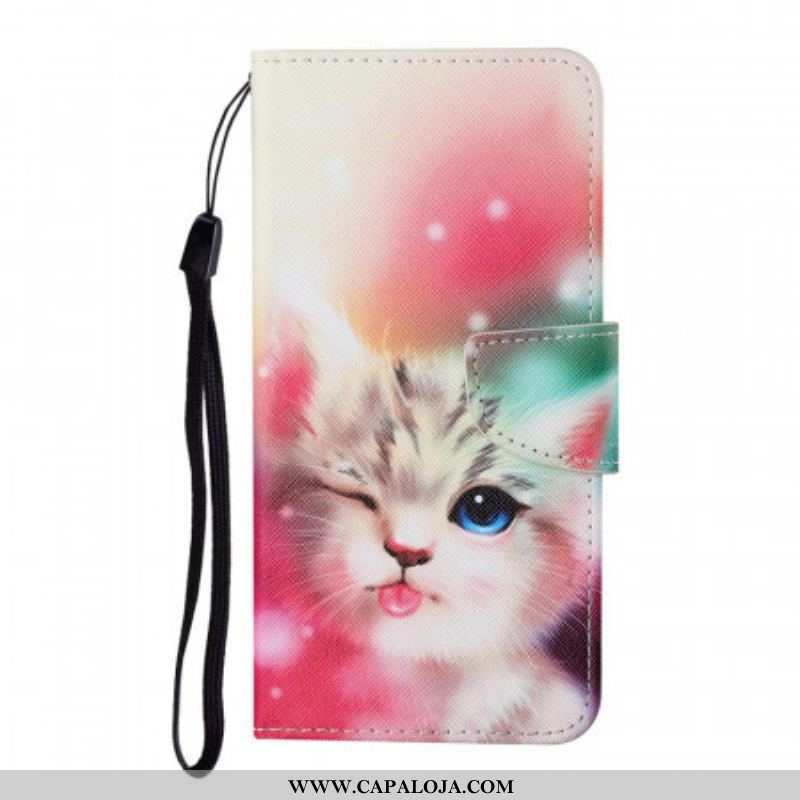 Capa Flip Para Samsung Galaxy S22 Ultra 5G Gato Real Com Cordão