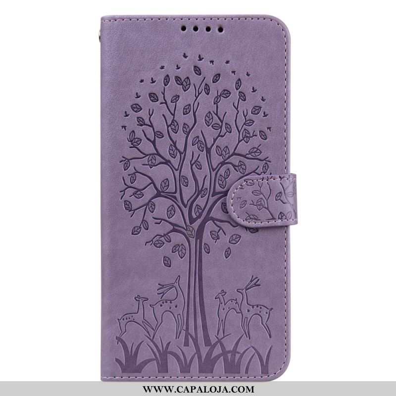 Capa Flip Para Samsung Galaxy S22 Ultra 5G Árvore E Veado