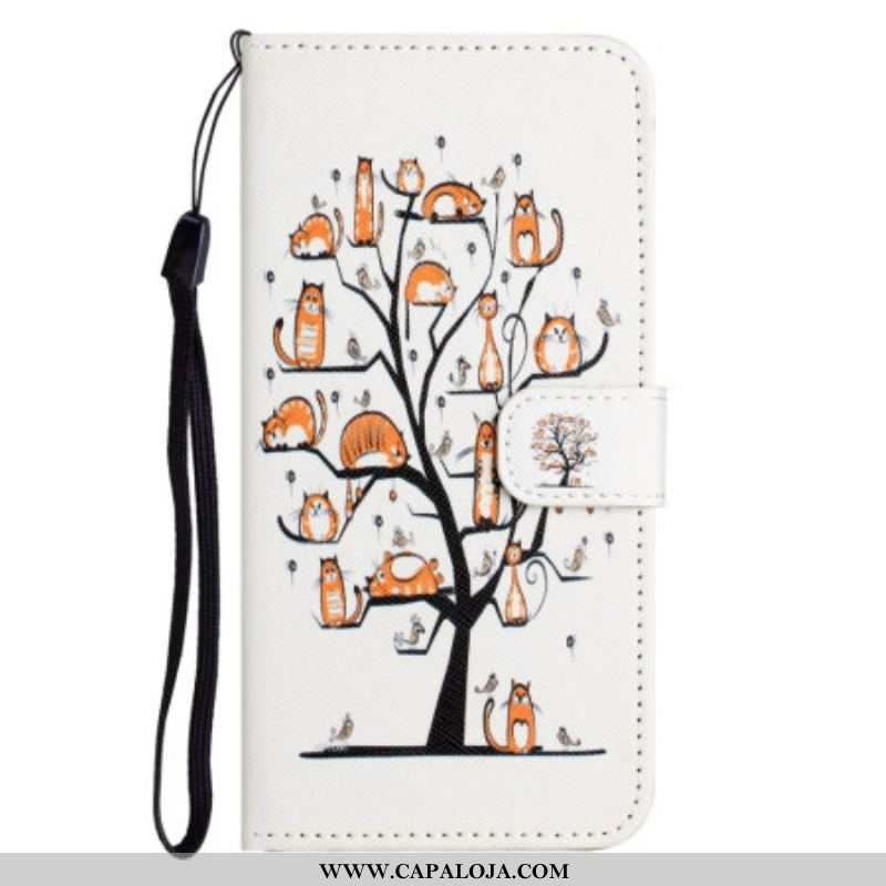 Capa Flip Para Samsung Galaxy S23 5G De Cordão Gatos Na Árvore Tanga