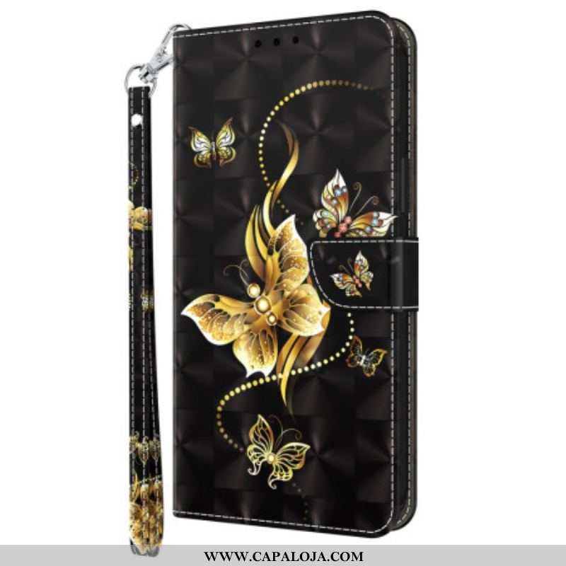 Capa Flip Para Samsung Galaxy S23 5G De Cordão Pulseira Dourada Borboletas