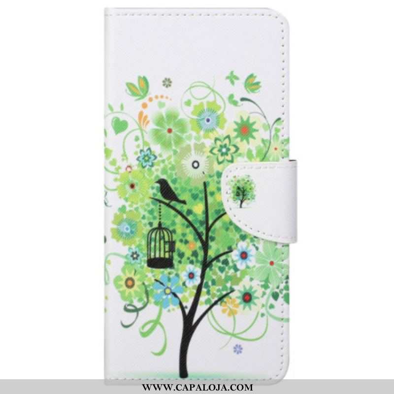 Capa Flip Para Samsung Galaxy S23 5G Árvore Com Folhas Verdes