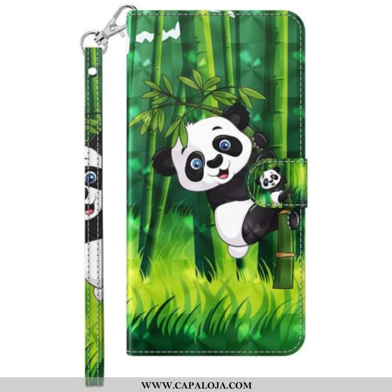 Capa Flip Para Samsung Galaxy S23 Plus 5G De Cordão Panda E Bambu Com Lanyard