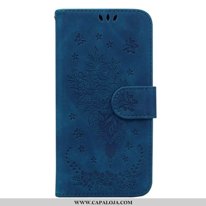 Capa Flip Para Samsung Galaxy S23 Plus 5G De Cordão Strappy Rosas E Borboletas