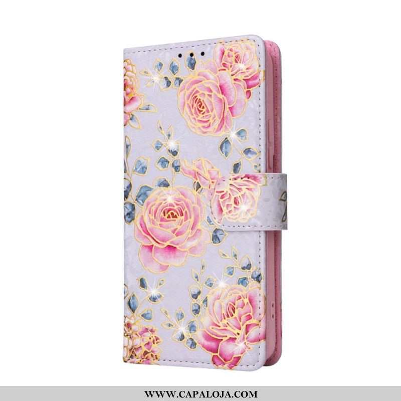 Capa Flip Para Samsung Galaxy S23 Plus 5G Flores Rfid Com Cordão