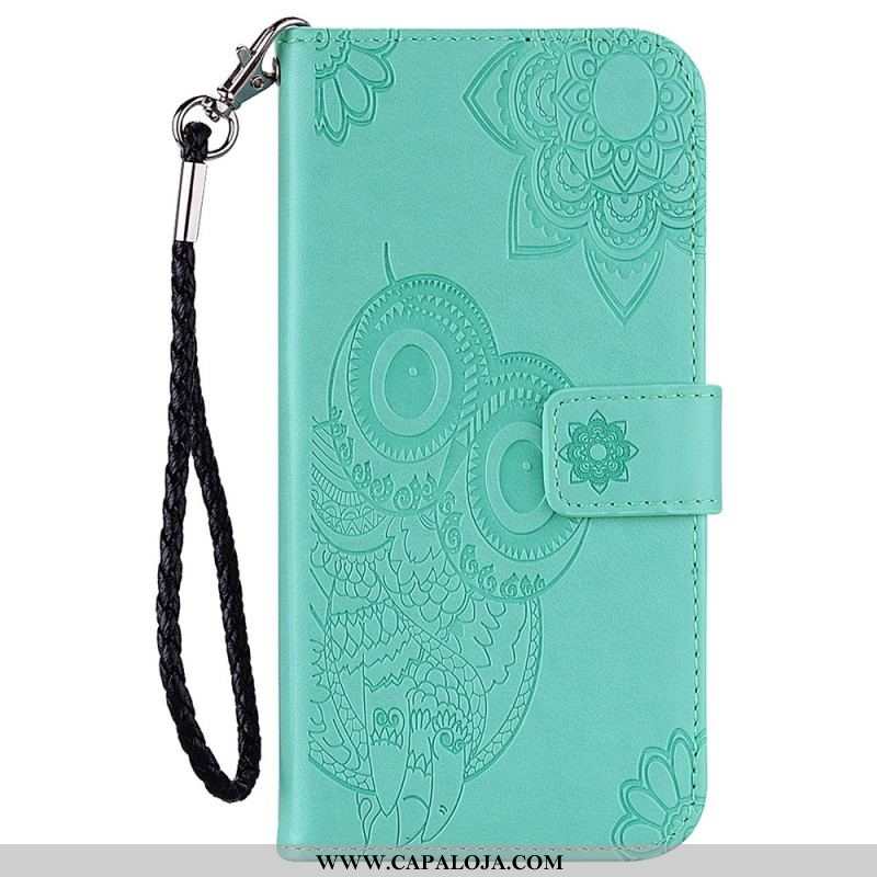 Capa Flip Para Samsung Galaxy S23 Ultra 5G Coruja Mandala E Cordão