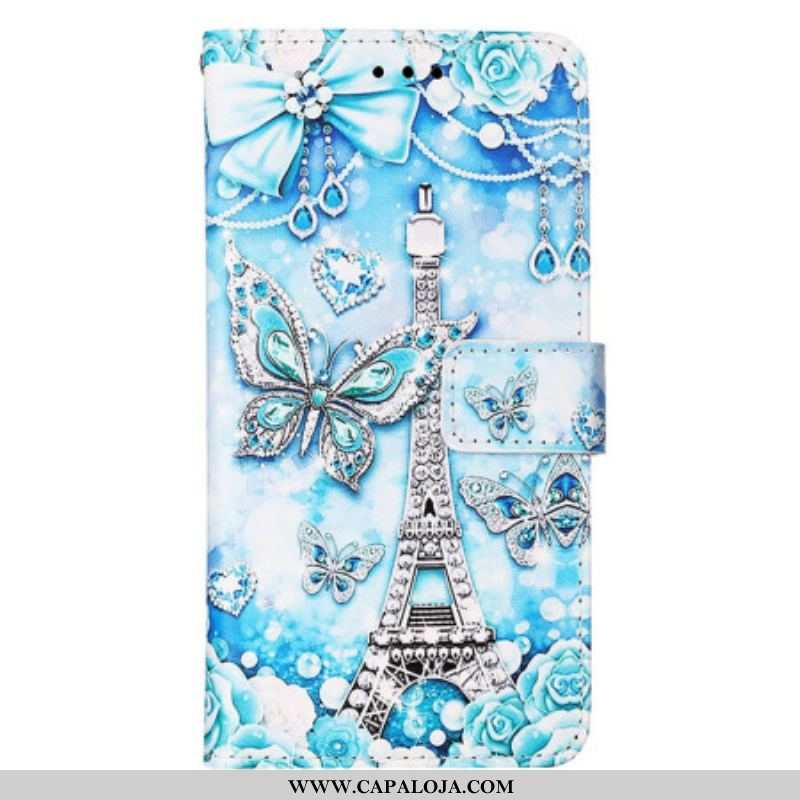 Capa Flip Para Samsung Galaxy S23 Ultra 5G De Cordão Correia Borboleta Torre Eiffel