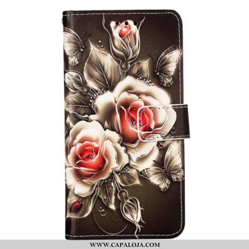 Capa Flip Para Samsung Galaxy S23 Ultra 5G Rosas Douradas