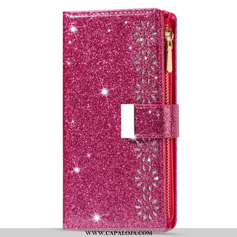 Capa Flip Para Samsung Galaxy Z Fold 3 5G Capa Tipo Carteira Carteira Com Zíper De Lantejoulas