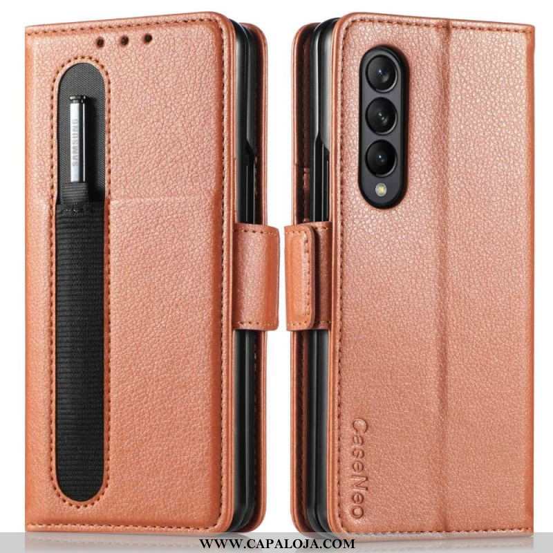 Capa Flip Para Samsung Galaxy Z Fold 4 Compartimento Para Caneta Litchi Couro Sintético Caseneo