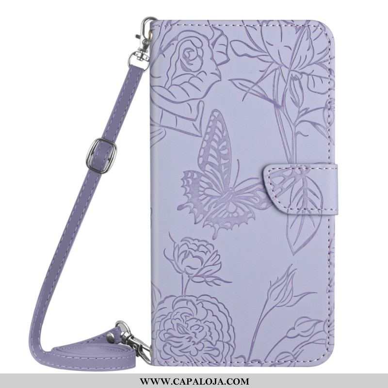 Capa Flip Para Sony Xperia 1 IV Borboletas E Alça De Ombro