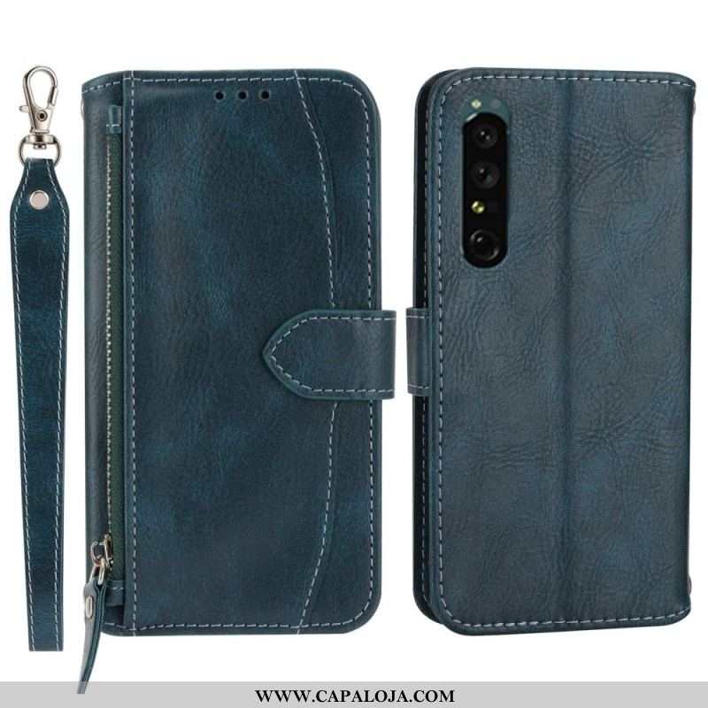 Capa Flip Para Sony Xperia 1 IV Capa Tipo Carteira Carteira Com Cordão E Alça De Ombro