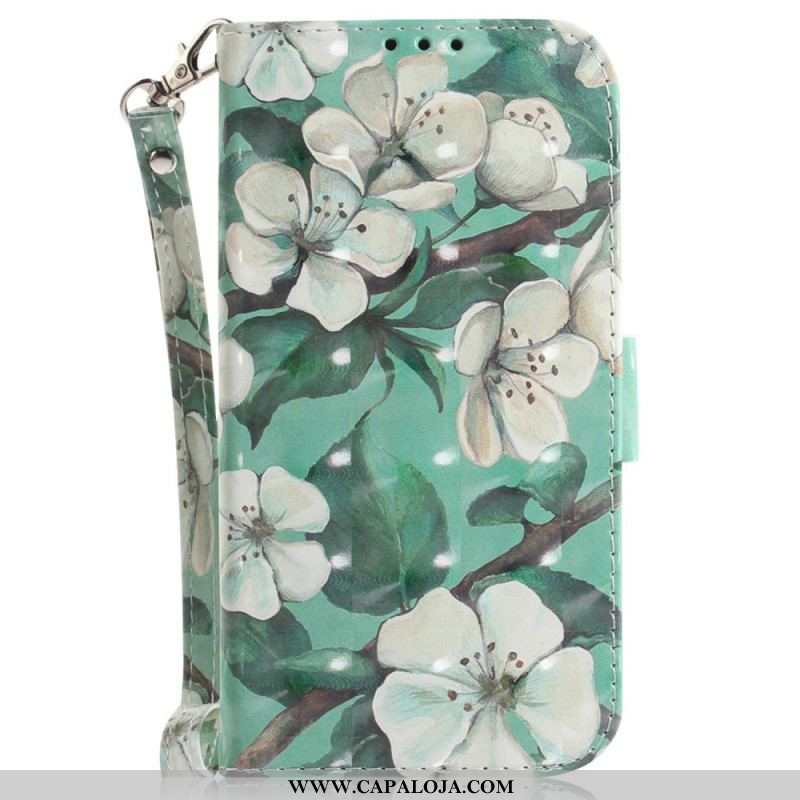 Capa Flip Para Xiaomi 12 / 12X De Cordão Flores Brancas Com Tiras