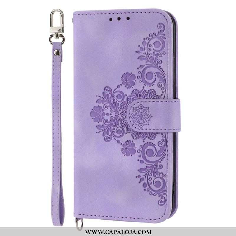 Capa Flip Para Xiaomi 12 Lite De Cordão Strappy Floral E Alça De Ombro