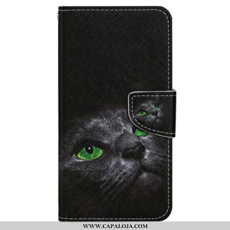 Capa Flip Para Xiaomi 12T / 12T Pro De Cordão Gato De Olhos Verdes Na Alça