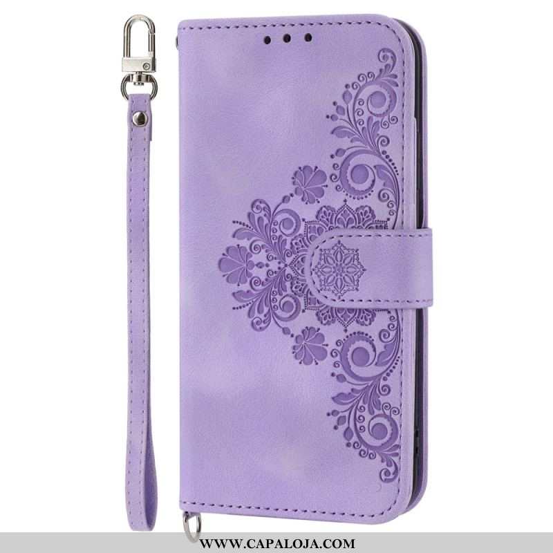 Capa Flip Para Xiaomi 13 Flores De Renda Com Alça E Alça De Ombro