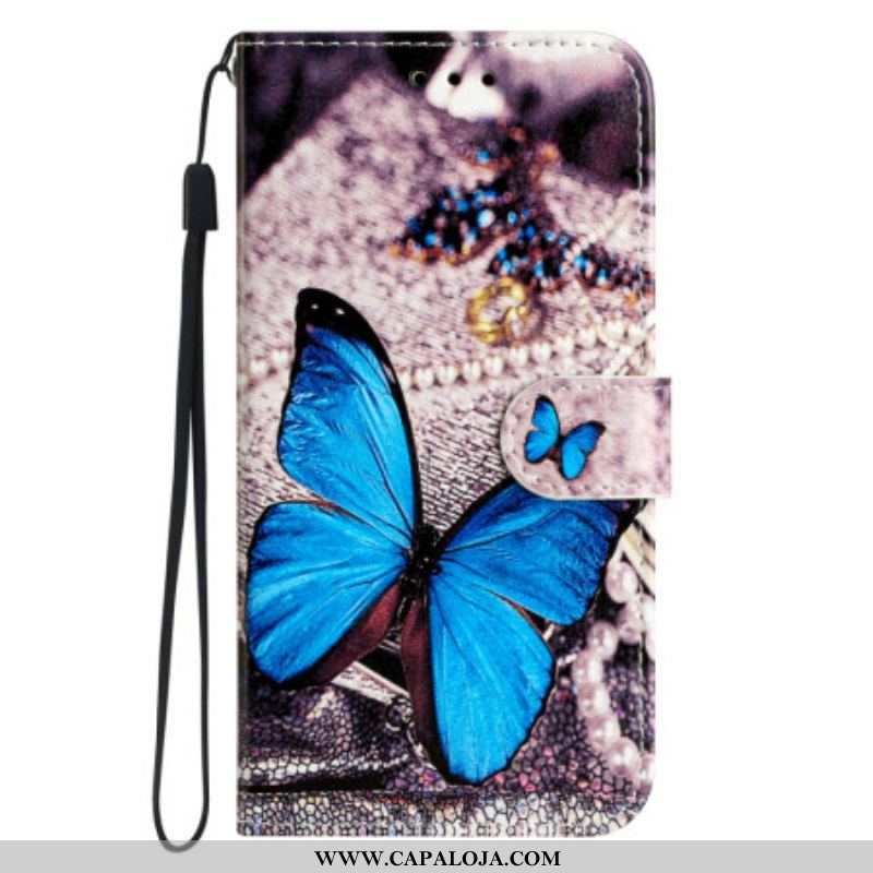 Capa Flip Para Xiaomi Redmi A1 De Cordão Borboleta Azul Com Alça