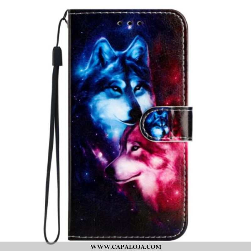 Capa Flip Para Xiaomi Redmi A1 De Cordão Dois Lobos Em Tiras