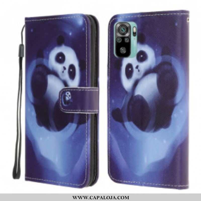 Capa Flip Para Xiaomi Redmi Note 10 / 10S De Cordão Espaço Panda Com Lanyard