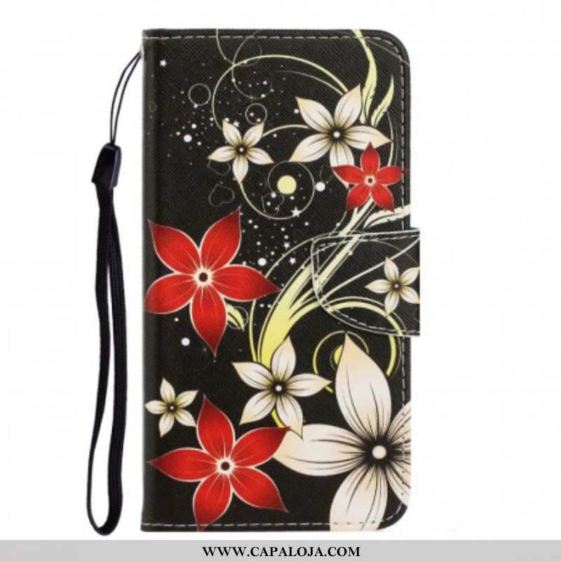 Capa Flip Para Xiaomi Redmi Note 11 Pro Plus 5G De Cordão Flores Coloridas Com Tiras