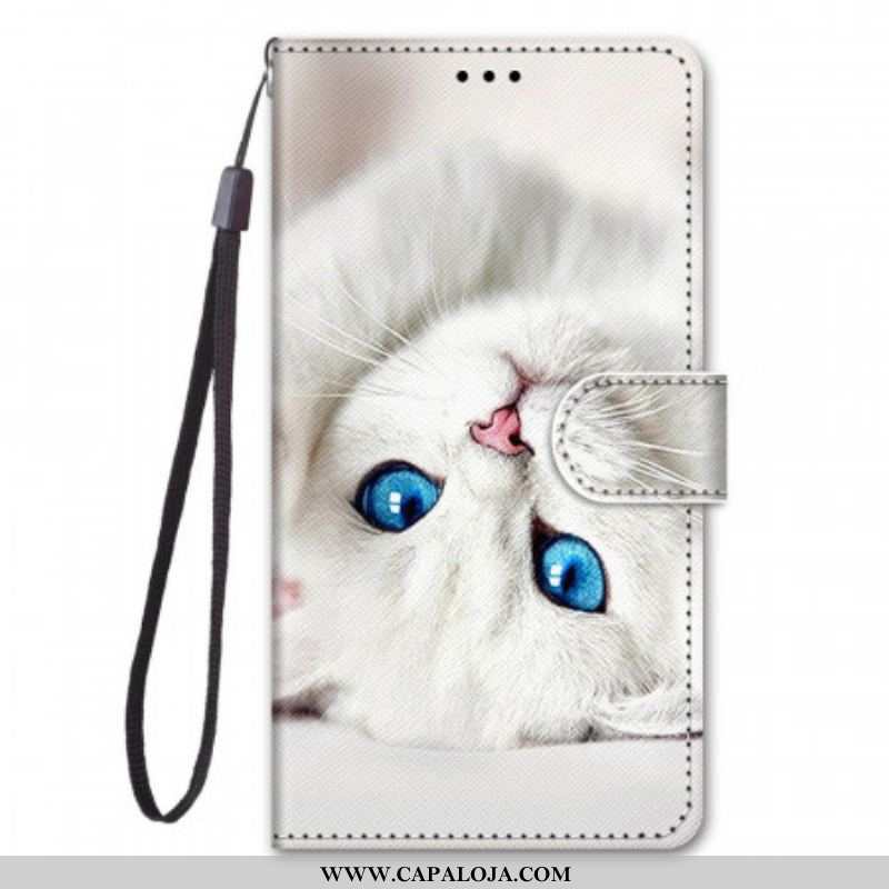 Capa Flip Para Xiaomi Redmi Note 11 Pro Plus 5G De Cordão Gato Branco Com Alça