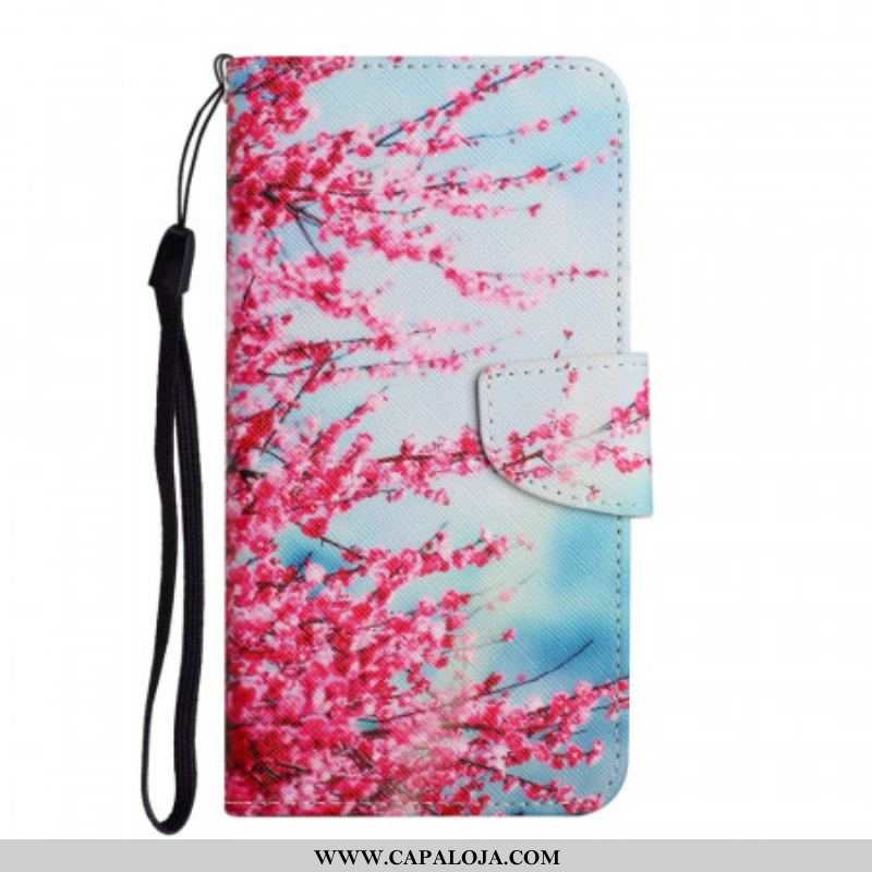 Capa Flip Para Xiaomi Redmi Note 11 Pro Plus 5G De Cordão Ramo Florido Com Alça