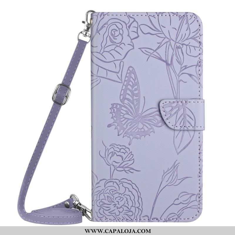 Capa Flip Para Xiaomi Redmi Note 12 4G Borboletas E Alça De Ombro