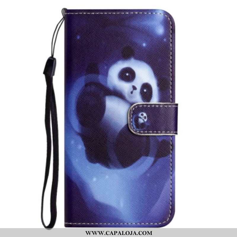 Capa Flip Para Xiaomi Redmi Note 12 4G De Cordão Space Panda Com Cordão