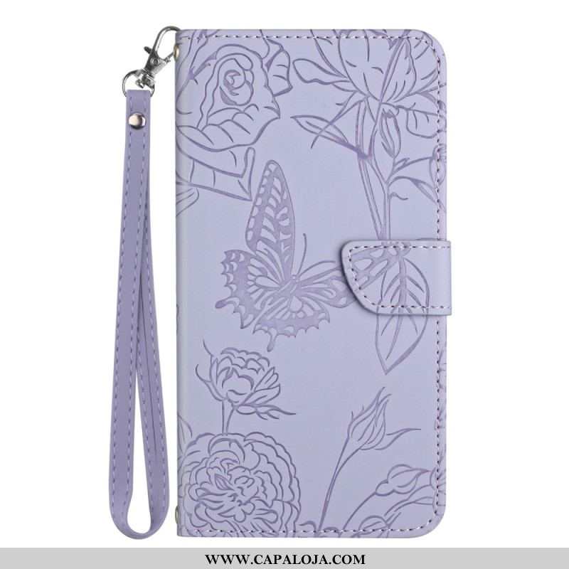 Capa Flip Para Xiaomi Redmi Note 12 5G Borboletas E Cordão