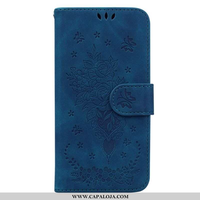 Capa Flip Para Xiaomi Redmi Note 12 5G De Cordão Strappy Rosas E Borboletas