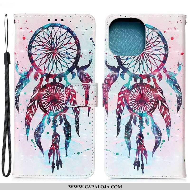 Capa Flip Para iPhone 13 Mini Apanhador De Sonhos Aquarela