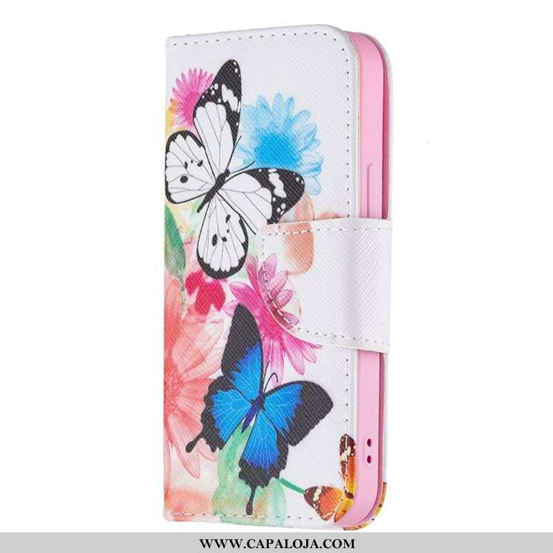 Capa Flip Para iPhone 13 Mini Borboletas E Flores Pintadas