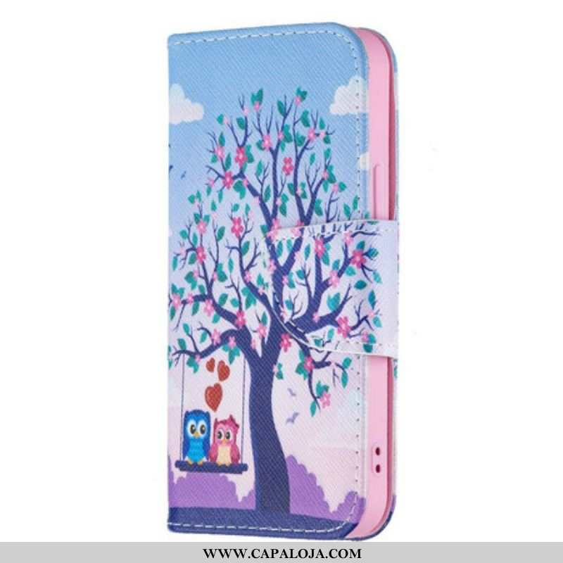 Capa Flip Para iPhone 13 Mini Corujas No Balanço