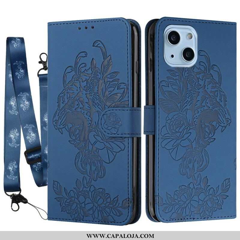 Capa Flip Para iPhone 13 Mini De Cordão Tigre Barroco Strappy