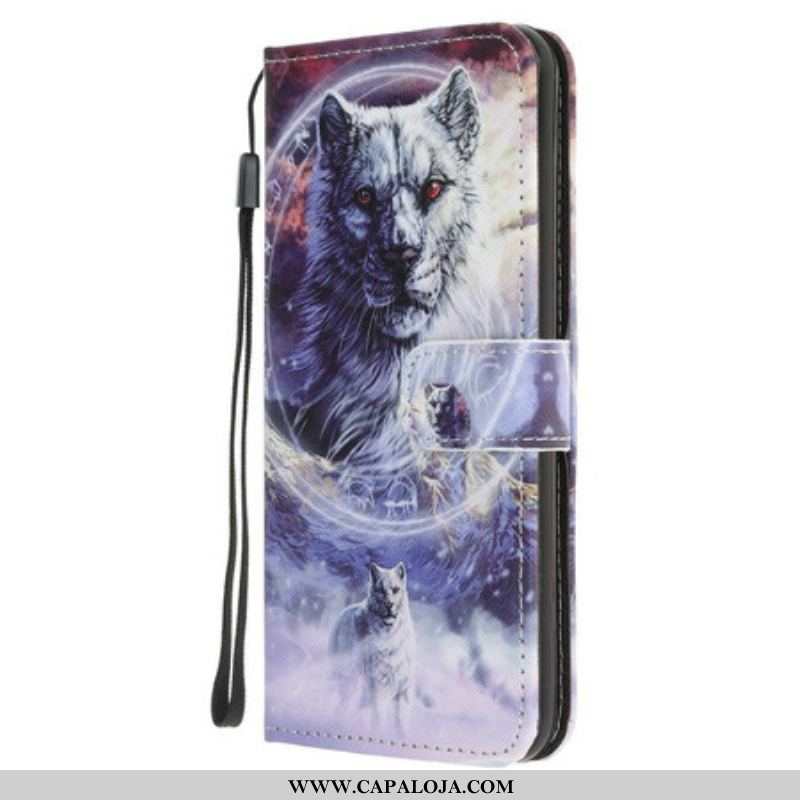 Capa Flip Para iPhone 13 Mini Lobo No Inverno Com Cordão