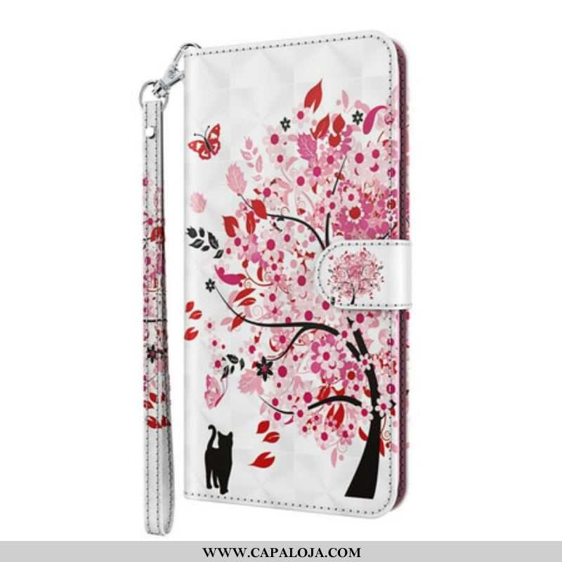 Capa Flip Para iPhone 13 Mini Árvore Rosa E Gato Preto