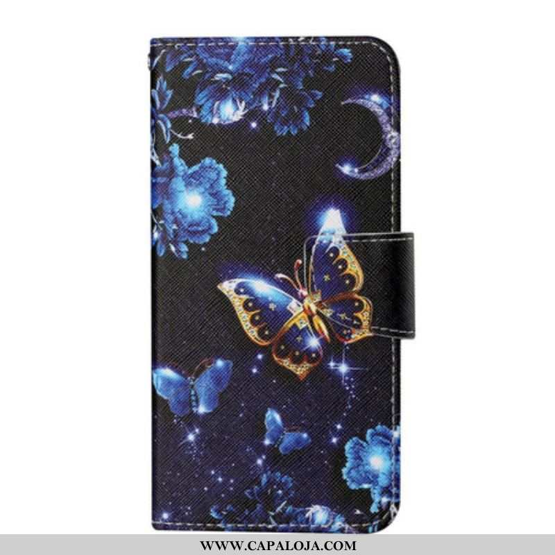 Capa Flip Para iPhone 13 Pro De Cordão Borboletas Preciosas