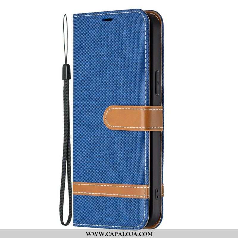 Capa Flip Para iPhone 13 Pro De Cordão Correia Efeito Tecido E Couro