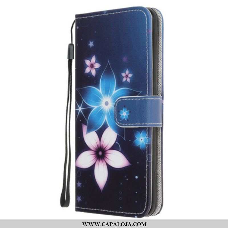 Capa Flip Para iPhone 13 Pro De Cordão Flores De Cinta Lunar