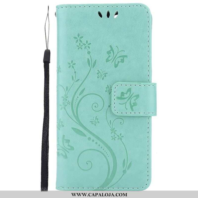 Capa Flip Para iPhone 13 Pro De Cordão Flores Gráficas Com Tiras